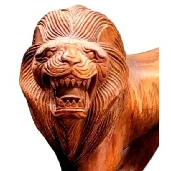 Set o2 Huge Hand-Carved Mid Century Wooden Wood  Roaring Lion Statues 17x13 - Picture 4 of 16